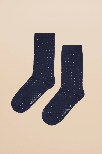 Темно-сині довгі бавовняні шкарпетки в горошок