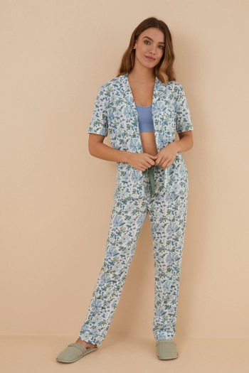 Классическая пижама из хлопка бежевого цвета с цветочным принтом
