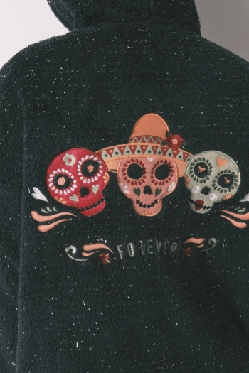 Короткий чорний халат з овчини "Día de muertos"
