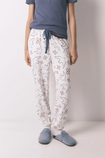 Длинные белые брюки с принтом птиц