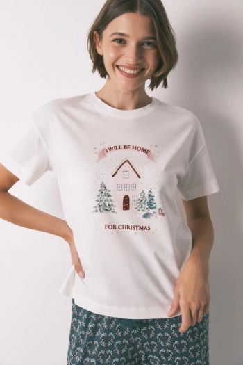 Белая хлопковая футболка с короткими рукавами и рождественским принтом