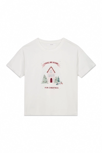 Белая хлопковая футболка с короткими рукавами и рождественским принтом