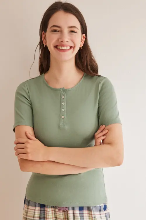 Зелена футболка Henley з короткими рукавами з бавовни
