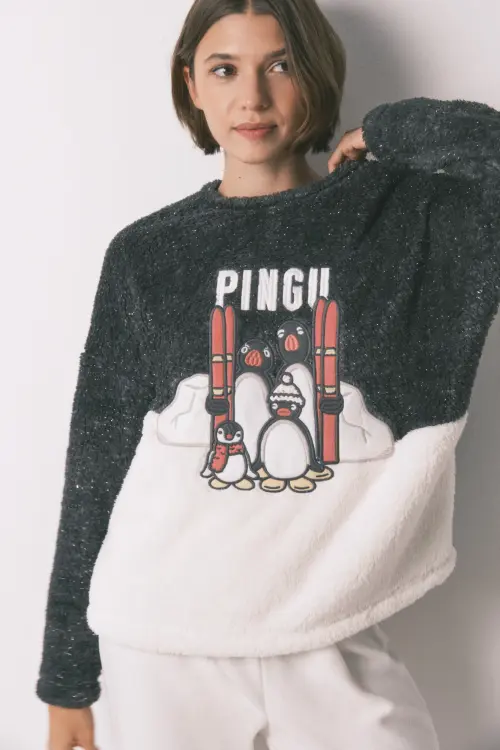 Длинная мягкая флисовая пижама с вышивкой Pingu